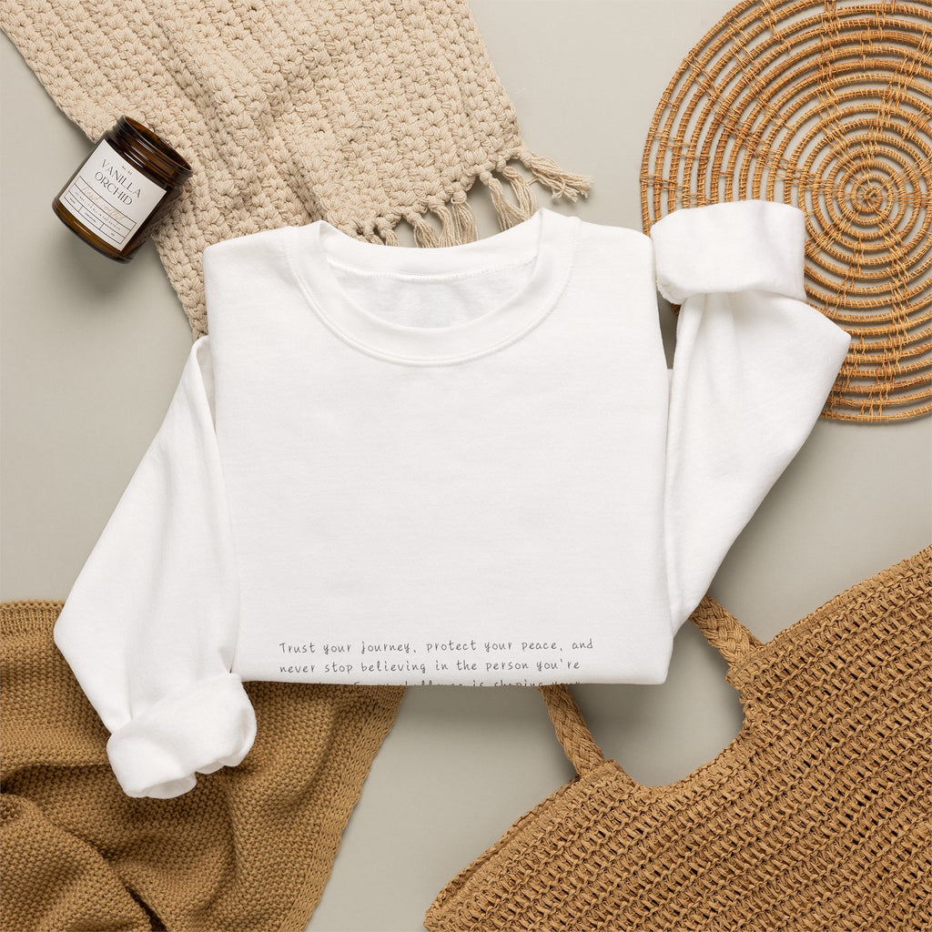 Minimalist White Crewneck Sweatshirt — Tiny Center Text Design