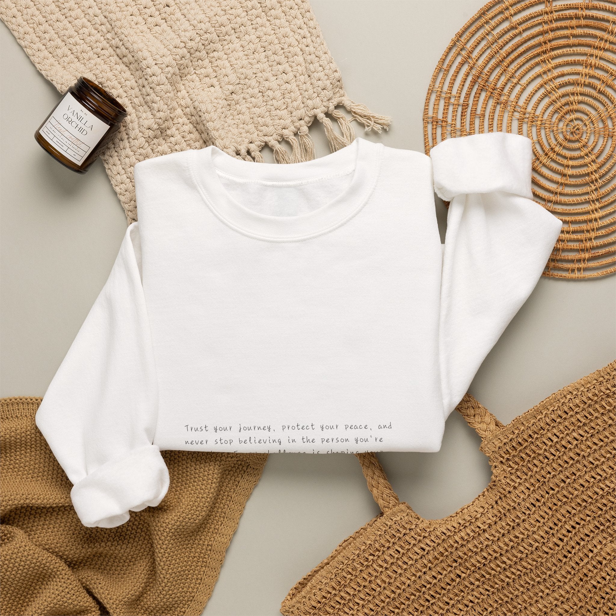 Minimalist White Crewneck Sweatshirt — Tiny Center Text Design